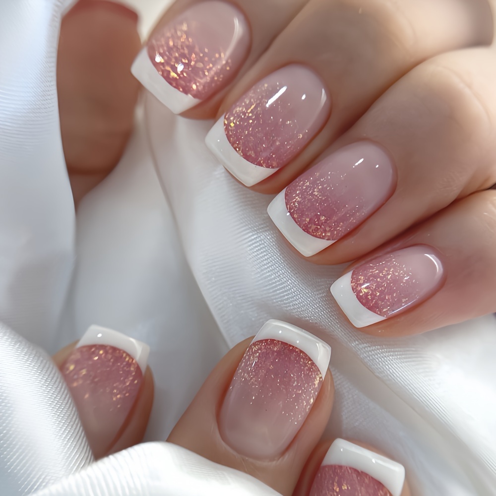 

24pcs Per Box Short Press-on Nail Simple White Gradient Glitter Wearable Nail Temperament Artificial Nail Removable Press-on Set With Jelly Glue And File