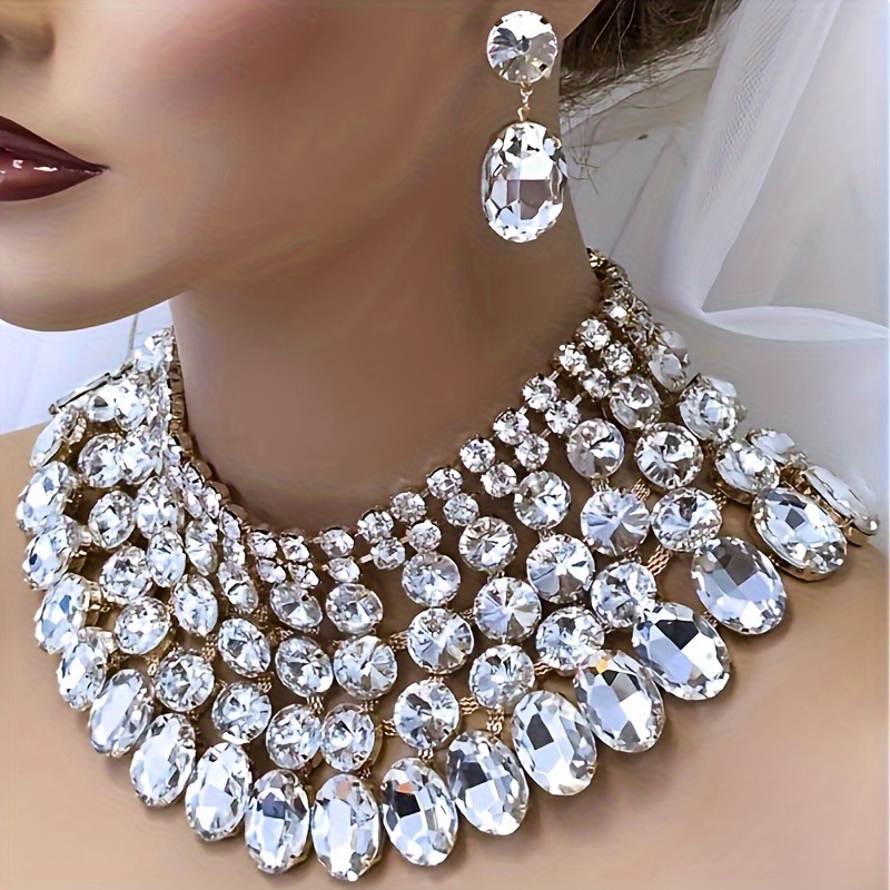 TEMU 3pcs Of Banquet Evening Dress Light Set High-end Necklace Earrings Inlaid With Rhinestones Versatile Necklace And Earrings, Wedding Set
