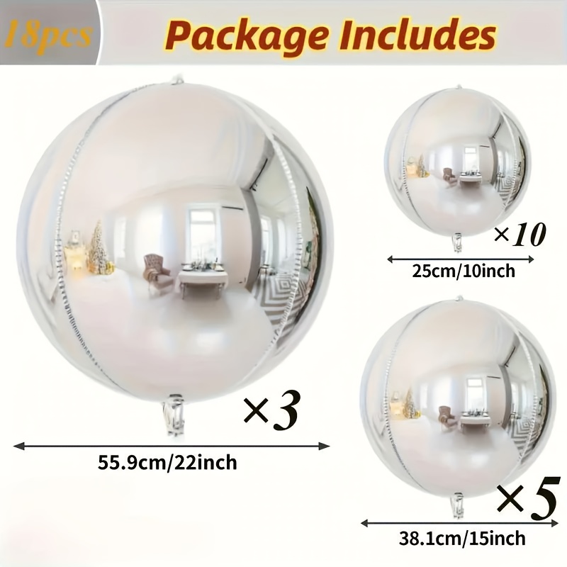 Image of 18pcs Of 4d Round Aluminum Foil Balloons - Sparkling Balloons, 360 Balloons, Metal Balloons, Silvery Balloons, Aluminum Foil - Summer Pool Party Decoration, For Halloween, Christmas