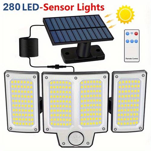 1pc 280 led outdoor solar light motion sensor solar security light with remote control 3 3 head solar floodlight with extension cable for yard garage porch courtyard