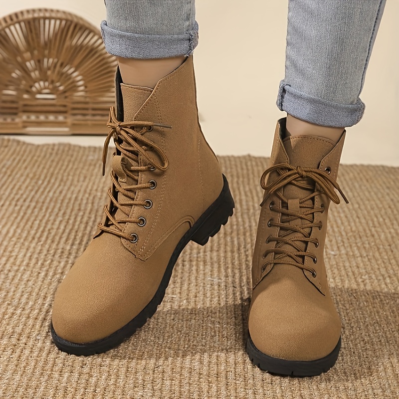 

Women's Fashionable Khaki Lace-up Combat Boots With Chunky Heel - Round Toe, Fabric Upper, , Ideal For Outdoor Wear In Autumn And Winter, Fashion Boots | Trendy Combat Boots | Footwear