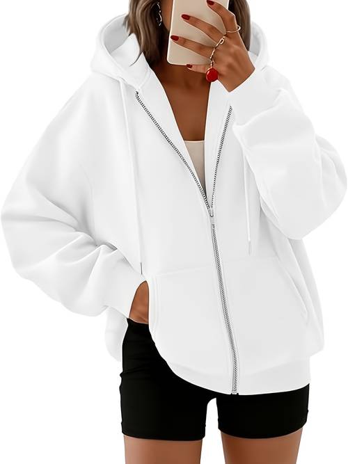 womens trendy white loose zip up hoodie features a full zip design and drawstring hood made from soft fleece womens fashionable sweatshirt big special discounts collection for women casual jacket with offers
