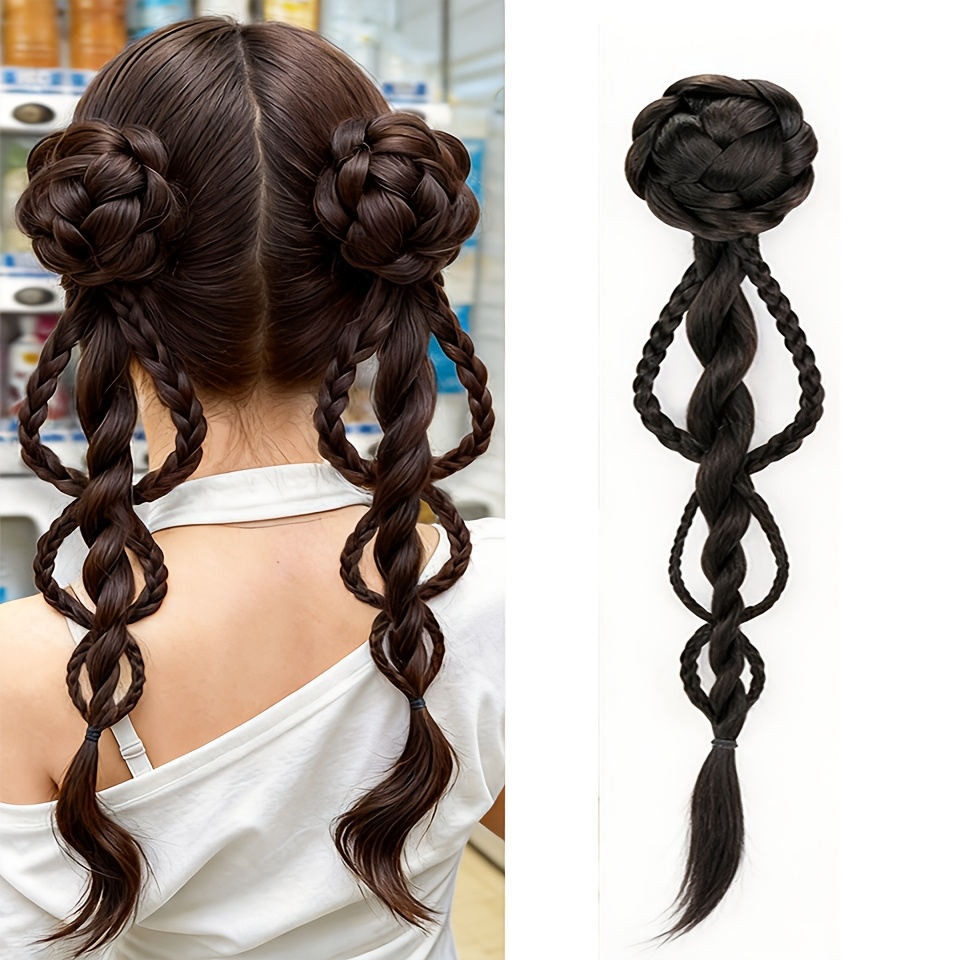 TEMU Women's Clip- Bun Braided Ponytail Wig Suitable For Daily Wear - Extensions With Clip- Attachment, Synthetic Fiber Wig For Thinning Hair, Volume