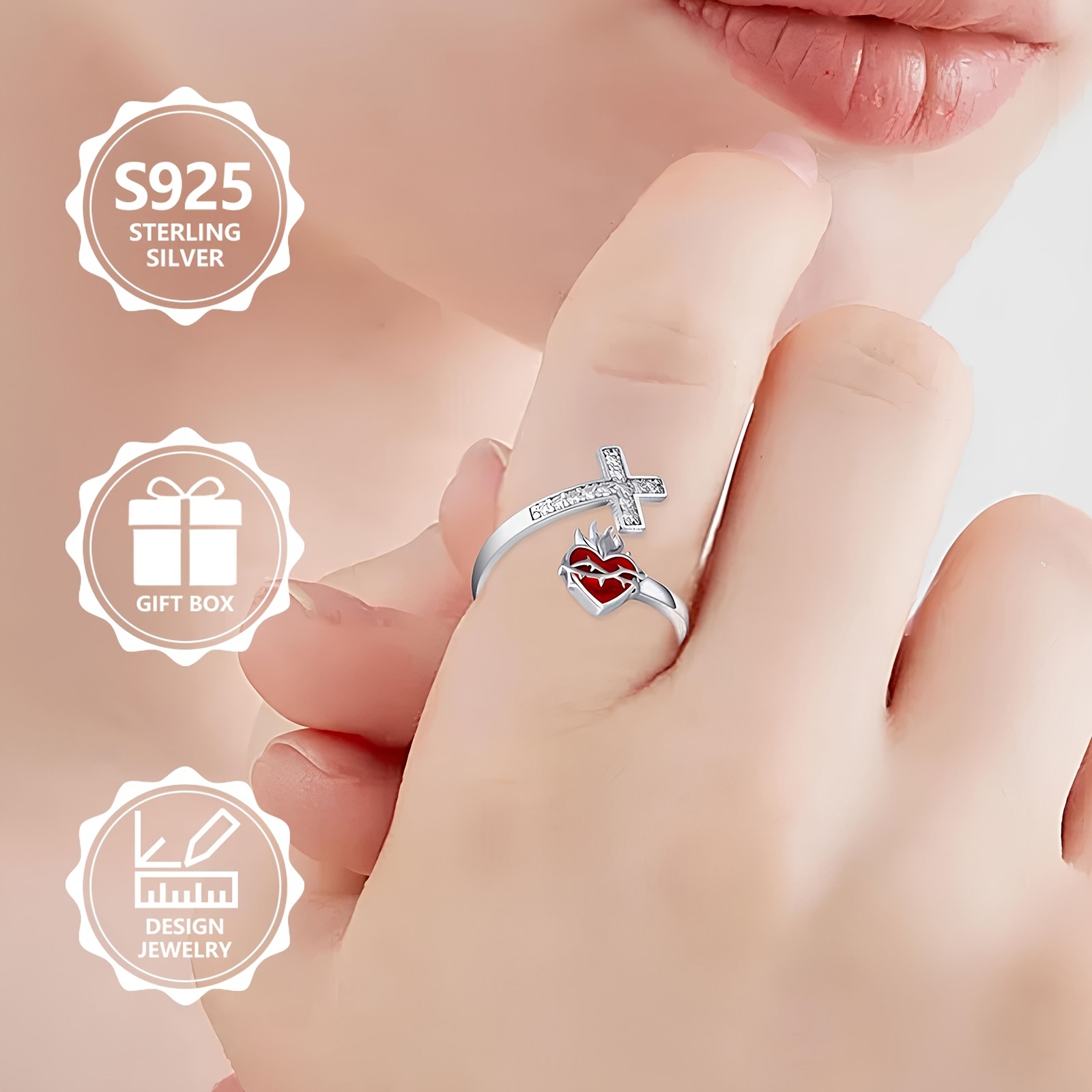 925 Silver Women's Sacred Heart Open Ring