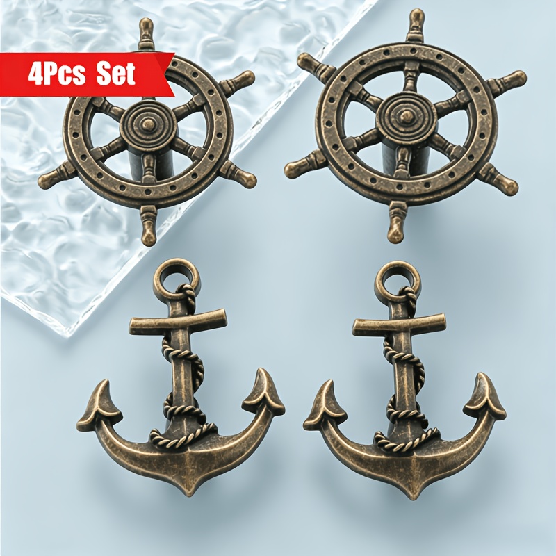 TEMU 4pcs Set Of Vintage Nautical Style Cabinet Knobs - Metal Anchor And Steering Wheel Design, Suitable For Wardrobe And Drawer Handles