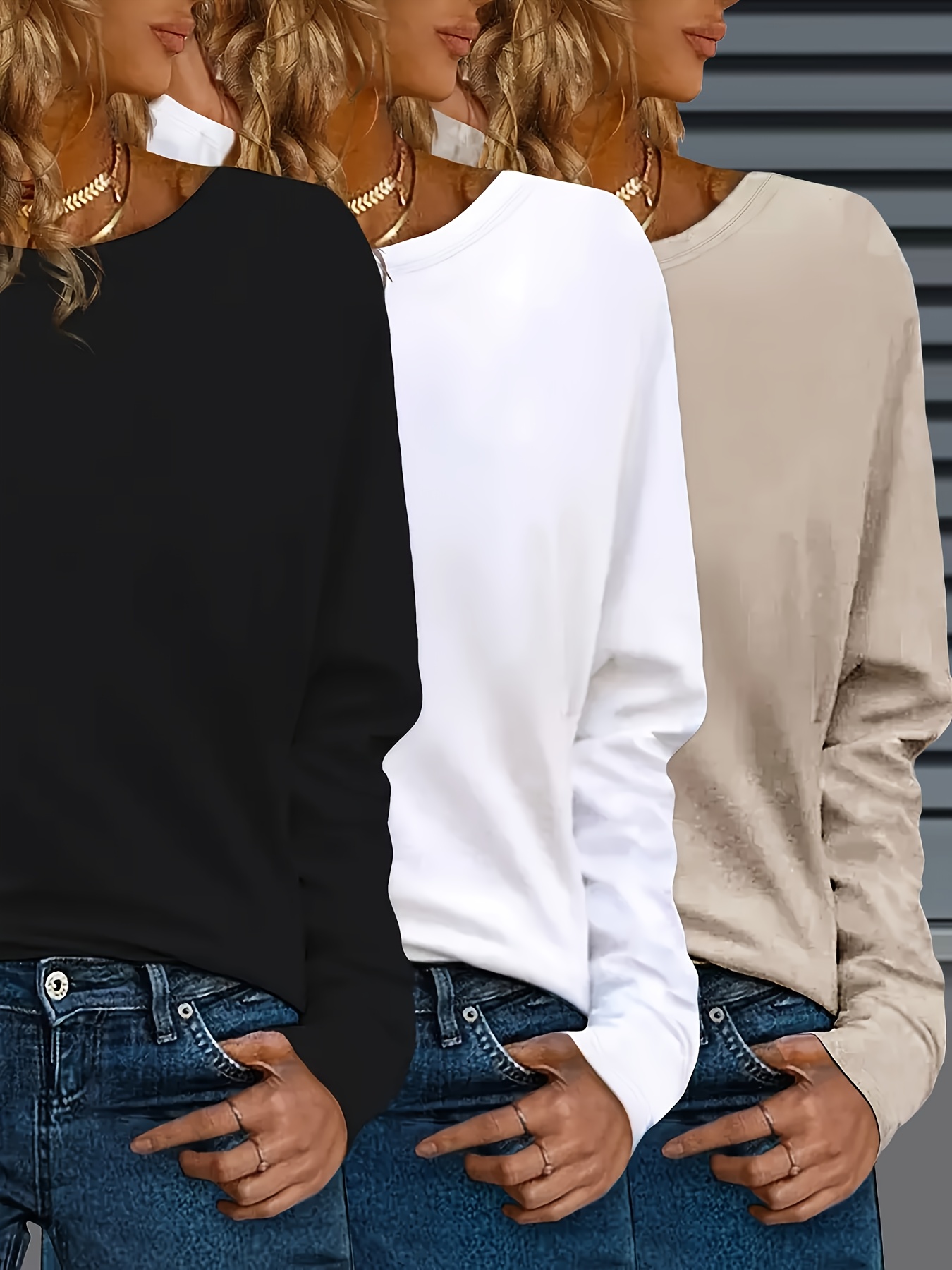 3 pack womens casual crew neck t shirts polyester knit long sleeve   with   stretch solid color regular fit for fall winter Product details 10