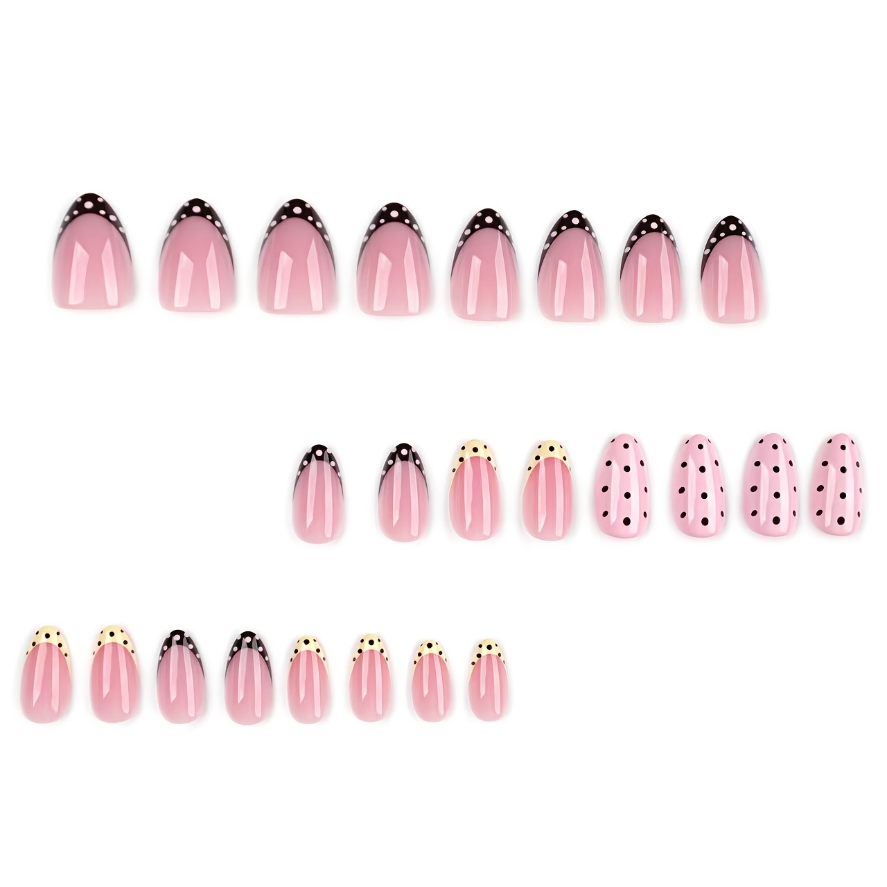 TEMU 24pcs French Nail Tips With Color Blocking, Short Almond-shaped Nails With Polka Dots, Press-on Fake Nails, Suitable For Students And Office
