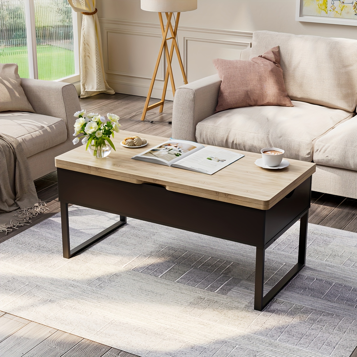 TinFrey Couchtisch Höhenverstellbar Mit Stauraum - Klappbarer Wohnzimmertisch Mit Ausziehbarer Platte | 88x88x50cm | Modernes Design