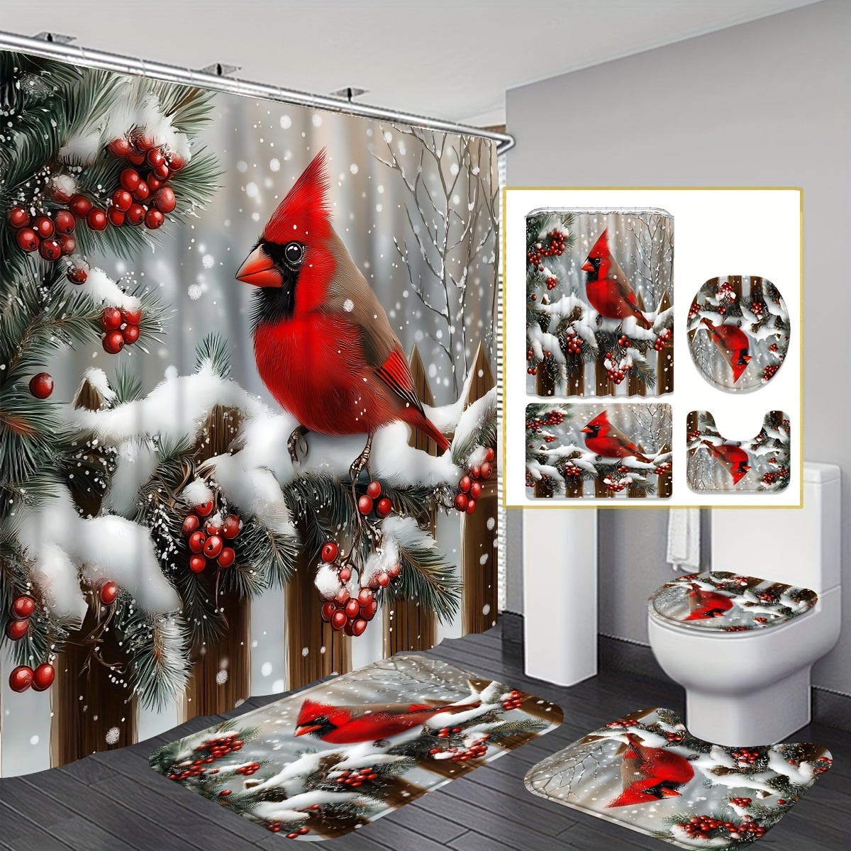 

Jit 1/4pcs Red Christmas Shower Curtain Set, Pattern Decoration, Bathroom Decoration, Comes 12 - Knitted Polyester Curtain, Includes U-shaped Pad And , Top,