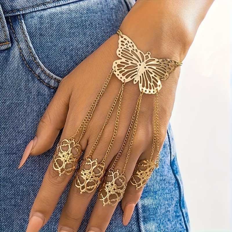 Vintage Butterfly Cuff Bracelet with Ring Chain Alloy Hand Chain Jewelry