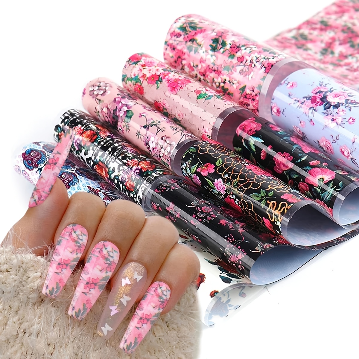 

10pcs Vintage Floral Nail Foil Transfer Stickers - & In Pink, Blue, And Black - Easy To Apply, Single-use Decals For Acrylic Nails - Adds & , Nail Stickers