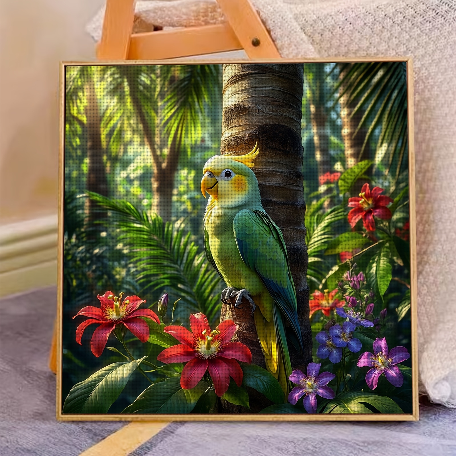 Complete DIY Frameless Cross-Stitch Kit, Colorful Parrot on Branch