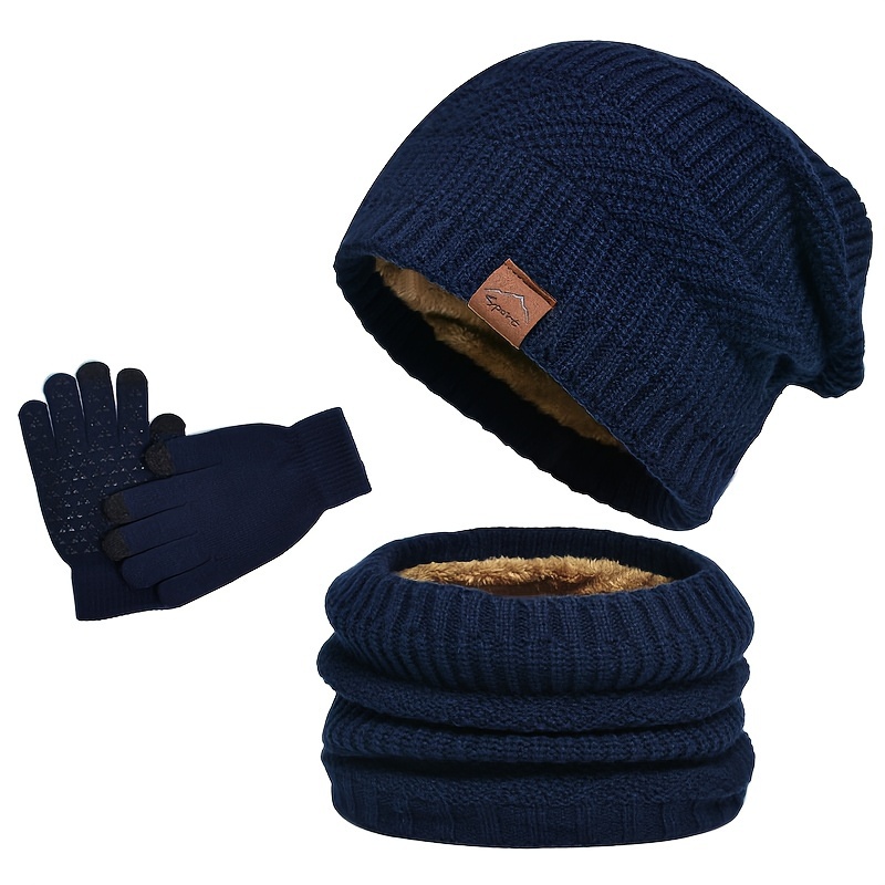 TEMU 9606 Winter -lined Warm Hat, Scarf, And Ear Warmer 3pcs Set, Pullover Knitted Hat, European And American Cross-border Knitted Hat For Men
