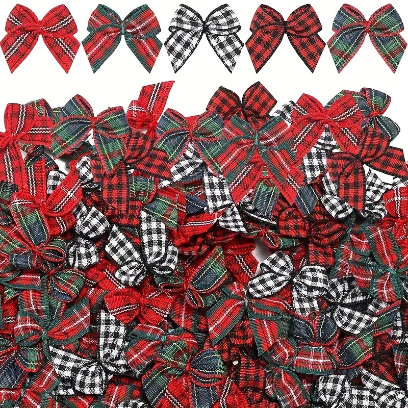 Image of Pack Of 30 Mini Checkered Ribbon Bows - 5 Checkered Patterns (red/green/) 1 Inch Handmade Bows, Suitable For Christmas Tree Decorations, Gift Wrapping, Wedding Favors, Scrapbooking - Durable Ribbon