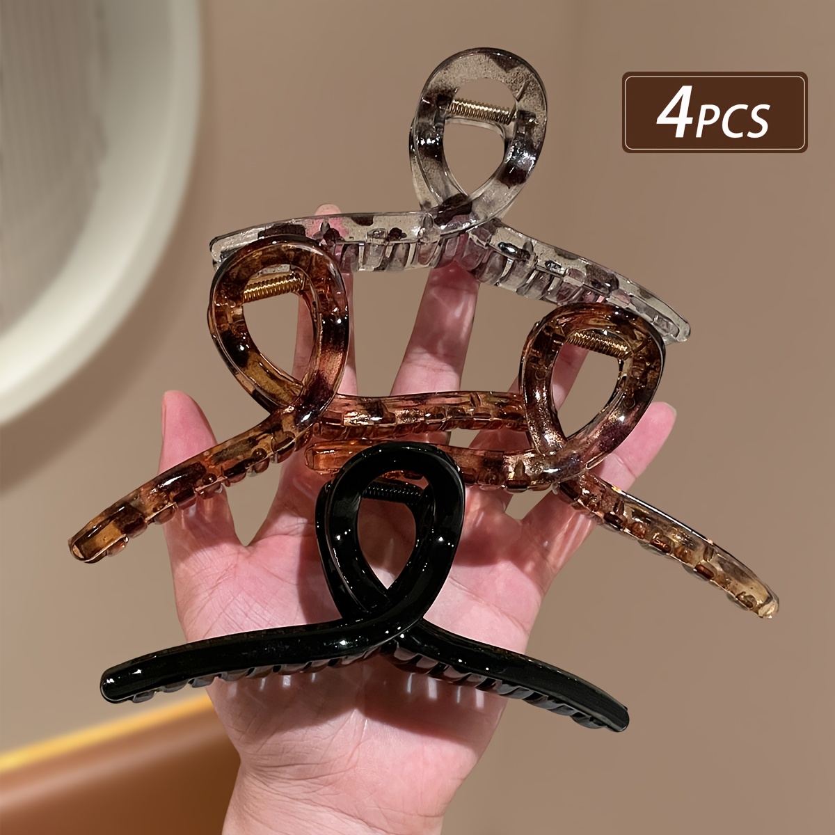 TEMU Lot de 4 pinces à griffes croix ambrées vintage pour femme, grandes pinces requin en acrylique transparent, pinces à cheveux élégantes pour