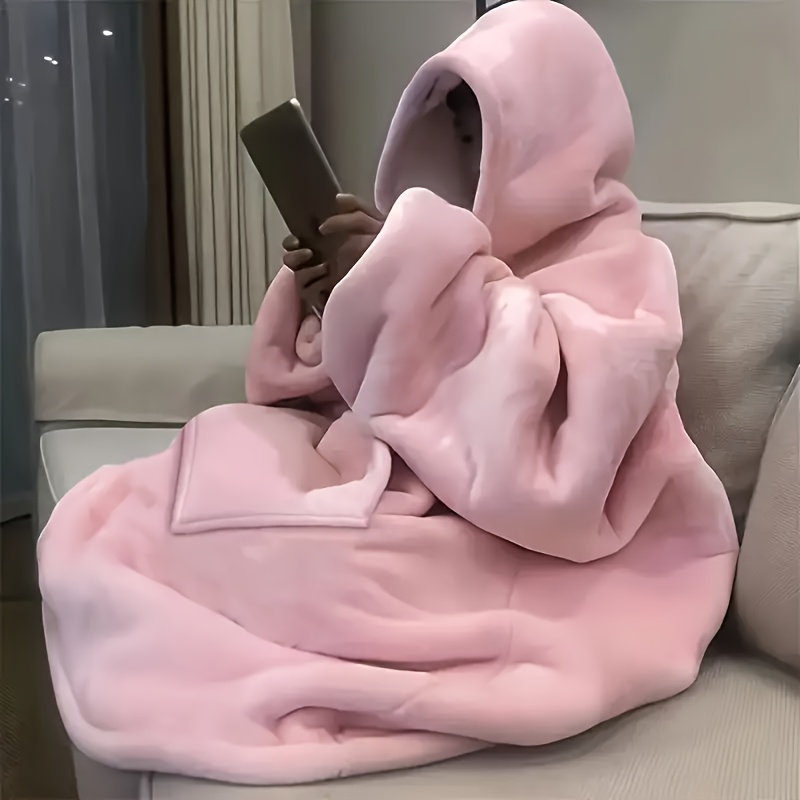 TEMU 1pc Reversible Sherpa Fleece Hoodie Blanket With Kangaroo Pocket - Cozy Wearable Snuggle Sweatshirt, Machine Washable, Perfect New Year Gift,