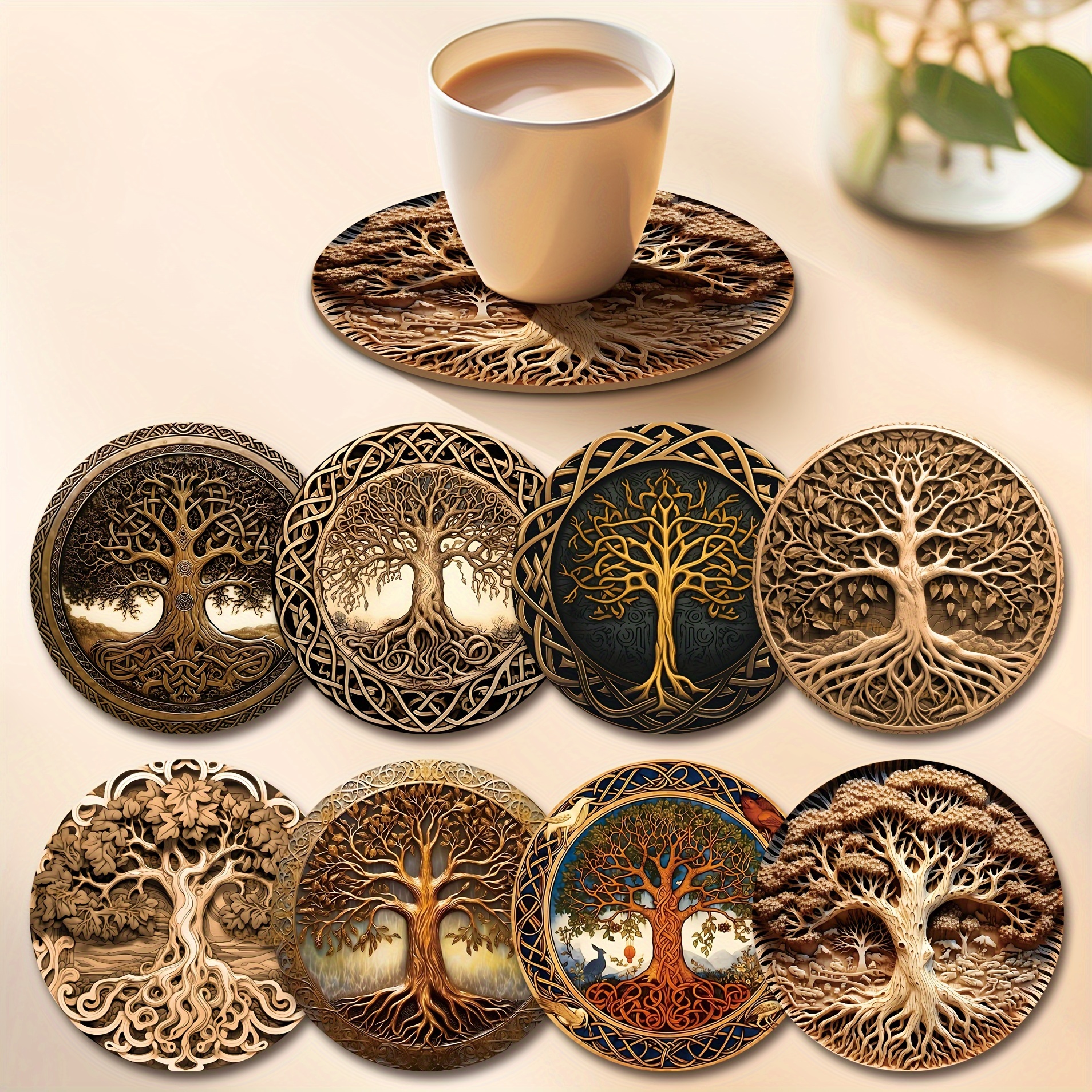 

8-pack Tree Of Life Wooden Coasters, 3.93in, Heat-resistant, Design, For Drinks, Tea, Coffee, Home & Restaurant Decor, Ideal Gift, Hand Wash Only