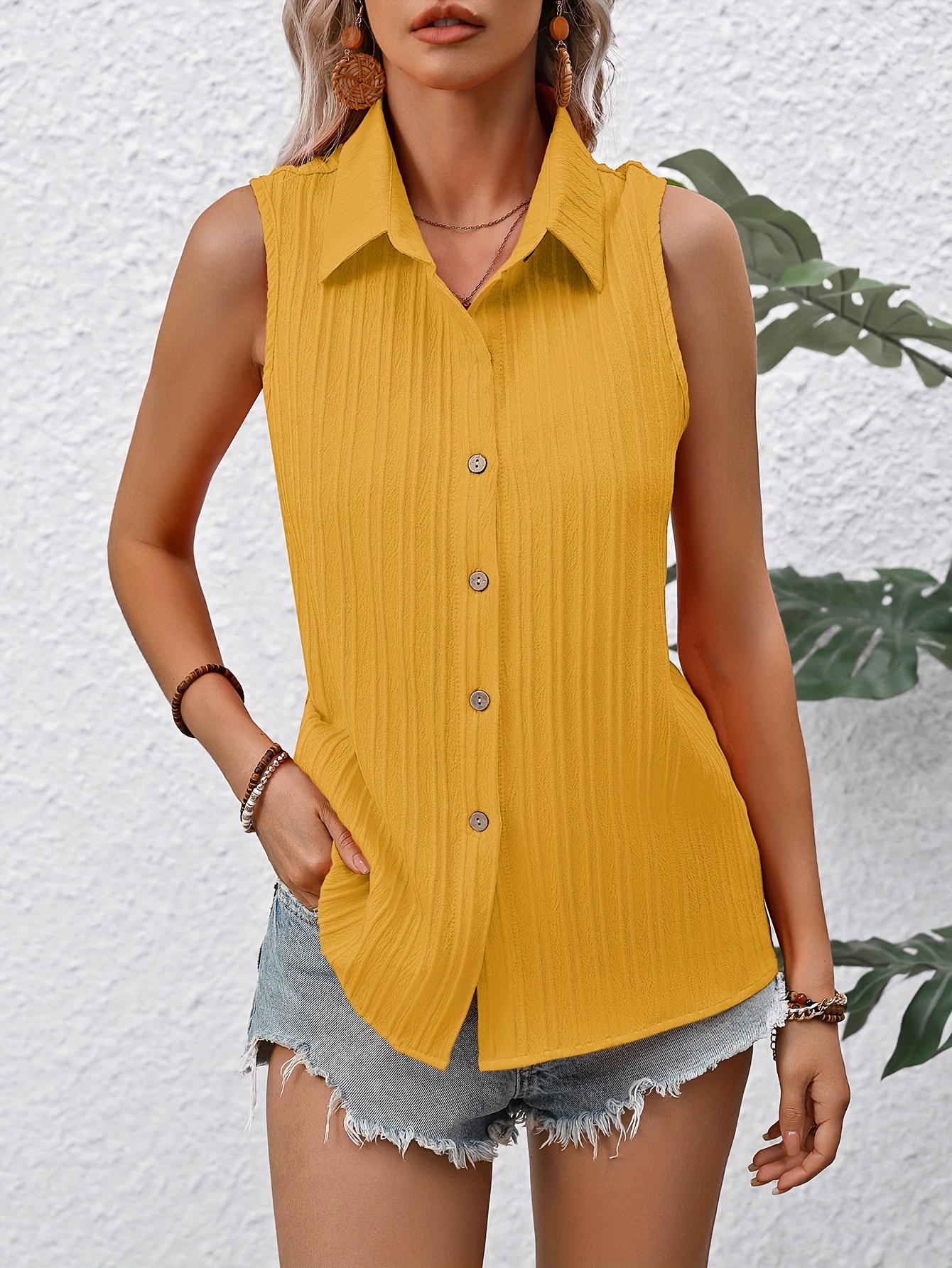 Sleeveless Button Front Lapel Blouse Casual Solid Color - Temu