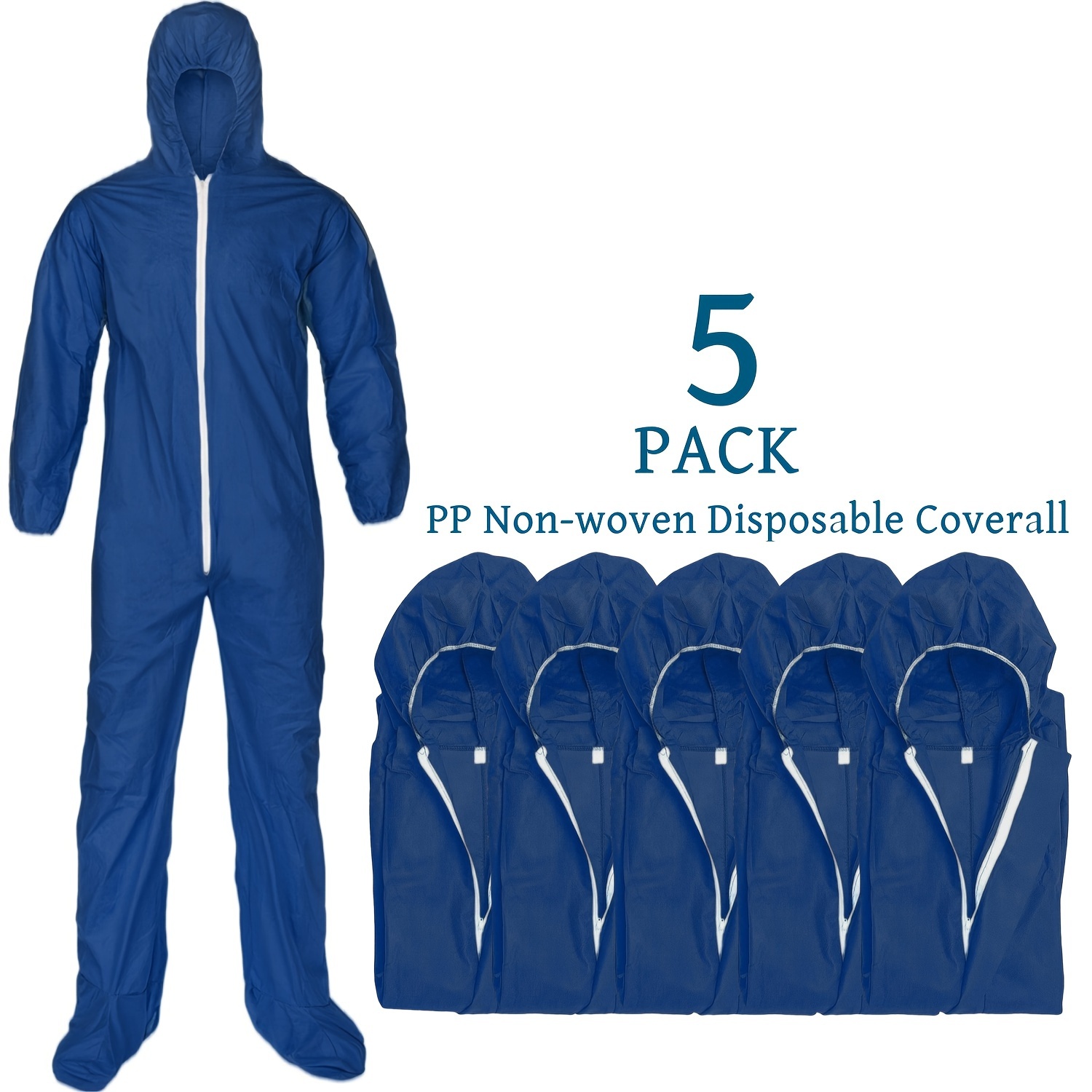 

5-pack Unisex Non-woven Polypropylene Disposable With Hood And Booties, Cuffs And Drawstring Waist, Front Zipper Closure - Ideal For Laboratory, Painting, And Industrial Use