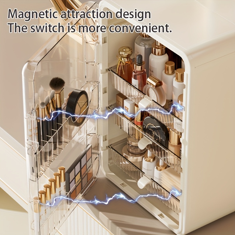 contemporary multi purpose desktop storage cabinet with built in drawers categorized compartments large capacity organizer for jewelry cosmetics makeup brushes lipsticks bottles durable plastic with magnetic closure perfect gift for valentines day mothers day graduation cosmetic holder   transparent side door sturdy construction home organizers Product details 0