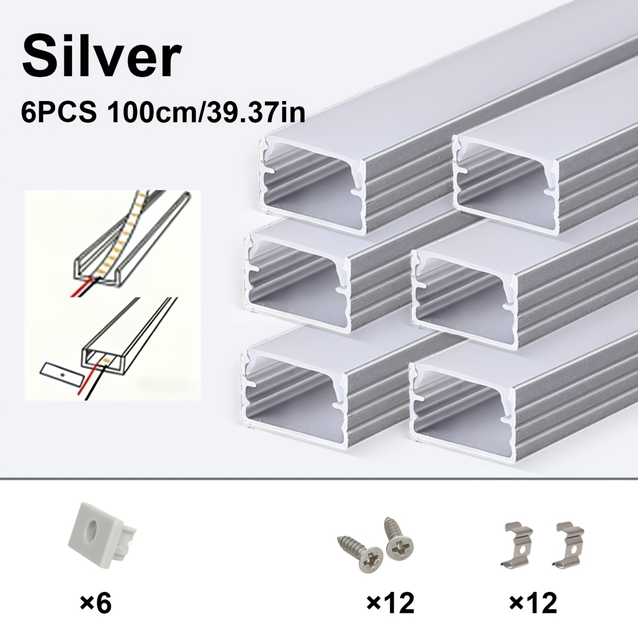 TEMU Lot de 6 luminaires linéaires encastrés à rail LED de 1,65 pi/3,3 pi, à profilé en aluminium avec cache-diffuseurs, système de profilé en barre