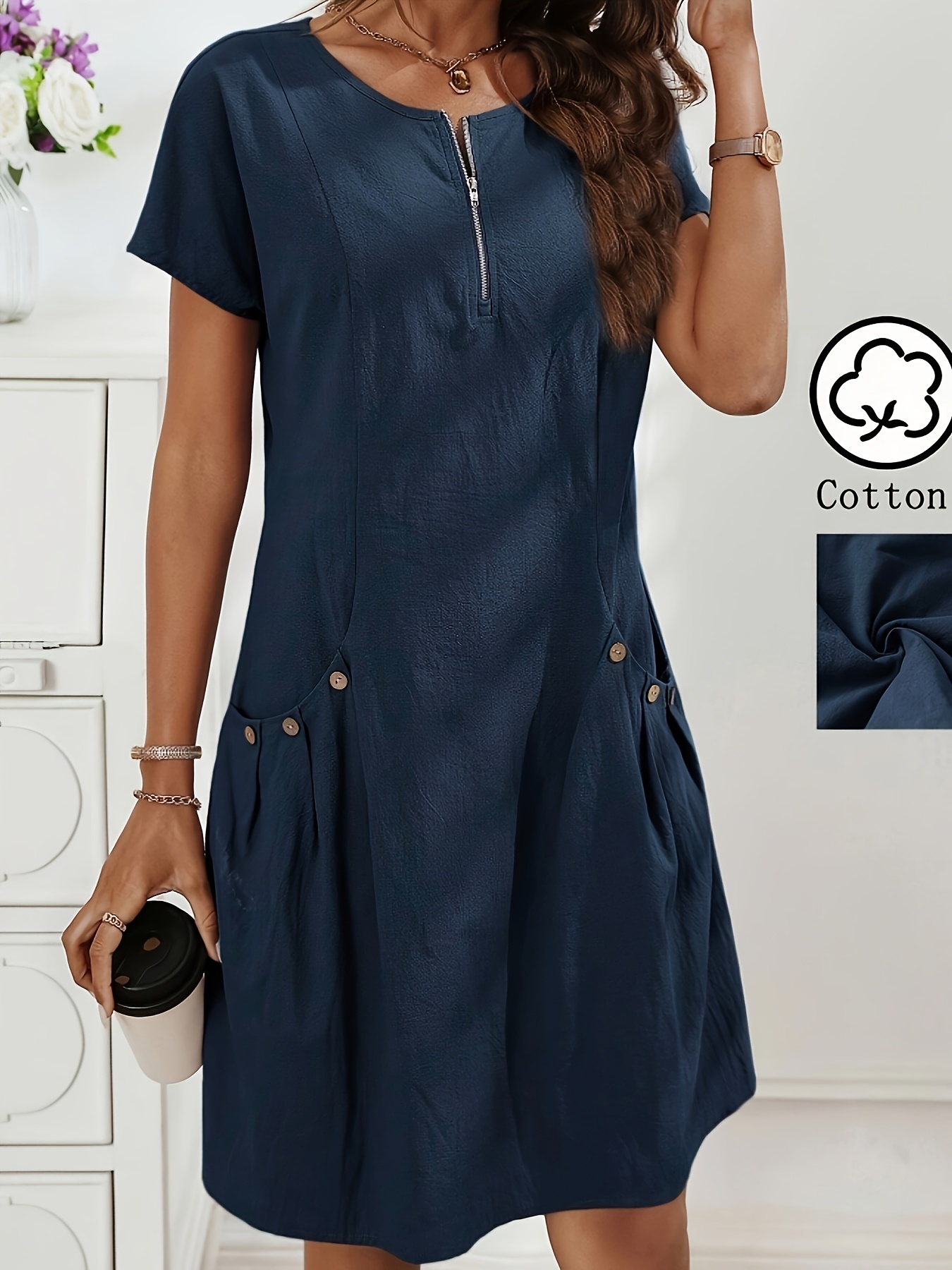 womens zipper half   button detail double pocket summer casual dress