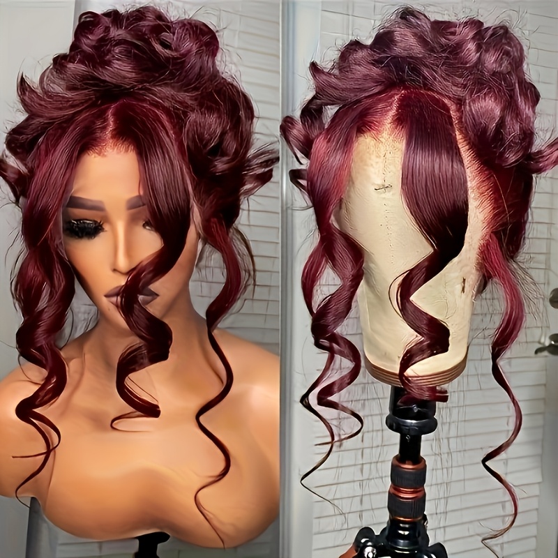 Image of 13x6 Hd Transparent Lace Front Wig Suitable For Women - Burgundy Body Wave Human Hair Wig With 200% Density, Baby Hair & Hairline, 99j Color For Dreadlock-compatible Styles