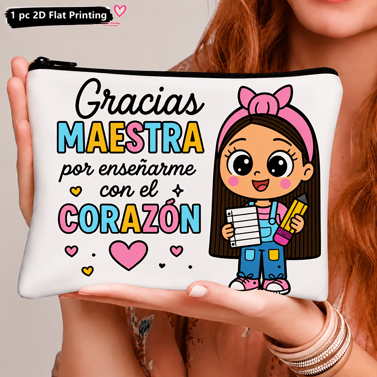 TEMU 1pc Gift "thank You Teacher" Zipper Bag - Lightweight Design, Suitable For School, Travel, And Daily Use, With Spanish Women', Zippered Portable