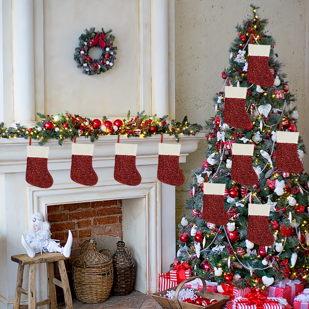 10-teiliges Weihnachtsdekor-Set, gestrickte Weihnachtsstrümpfe zum Aufhängen mit * * Rentier, Feiertagsparty-Szenendekor * Flurdekor, Bürodekor, Gartendekor, Weihnachtsdekorationen