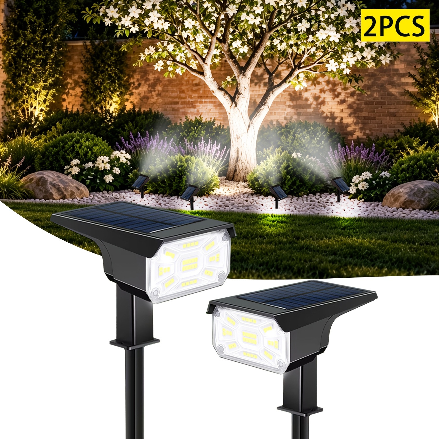 TEMU 2pcs Spots Solaires Extérieurs, IP68, Solaires Paysagers pour l'Extérieur, avec 38 LEDs et 3 d'Éclairage, Éclairage LED Paysager, Lampe de Sol