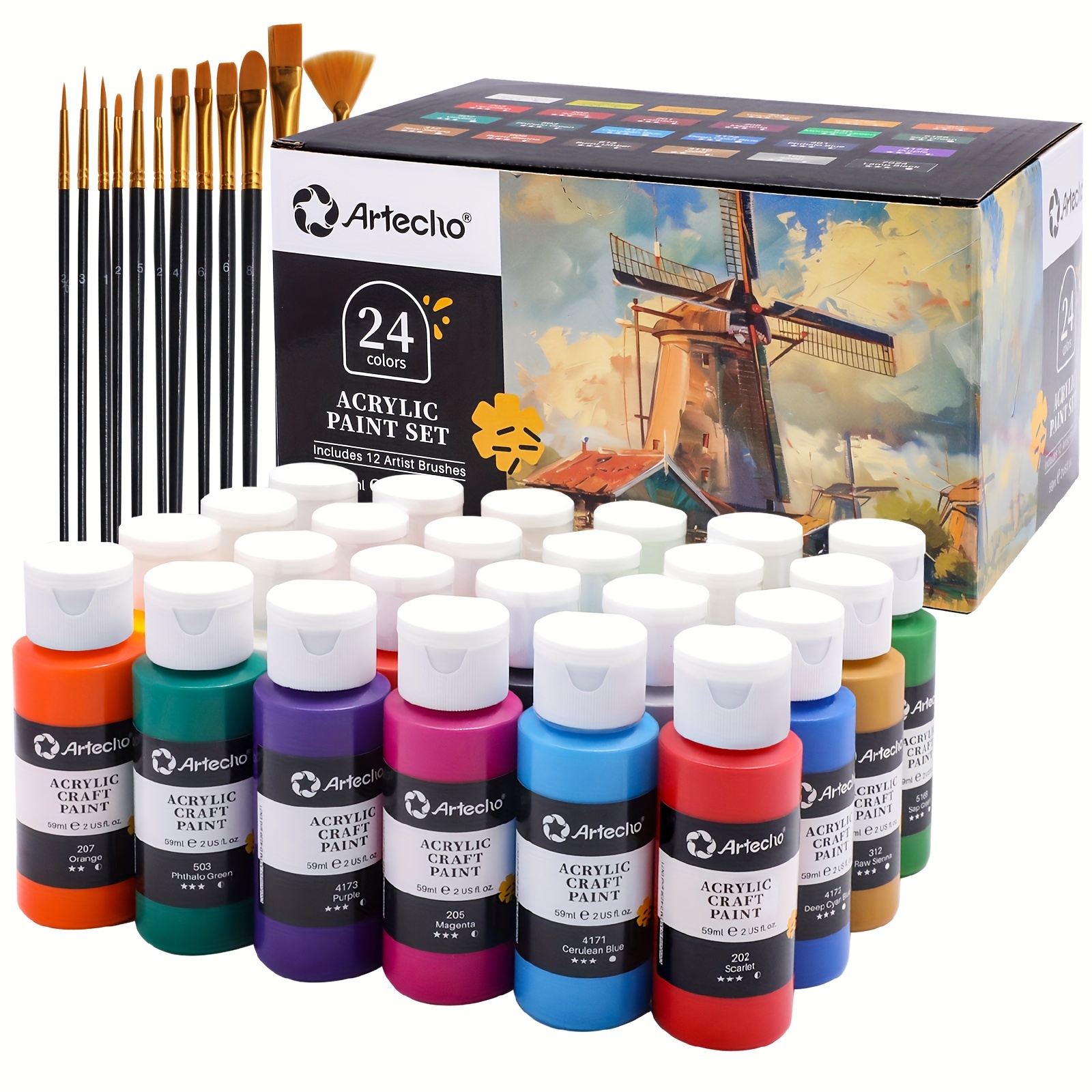 

Acrylic Paint Set 24 Colors 2oz/59ml With 12 Brushes, Art Craft Paints Kit, Paint For Canvas, Rocks, Wood, Fabric, Ceramic And Art Supplies, Non Toxic Paint For Artists And Beginners