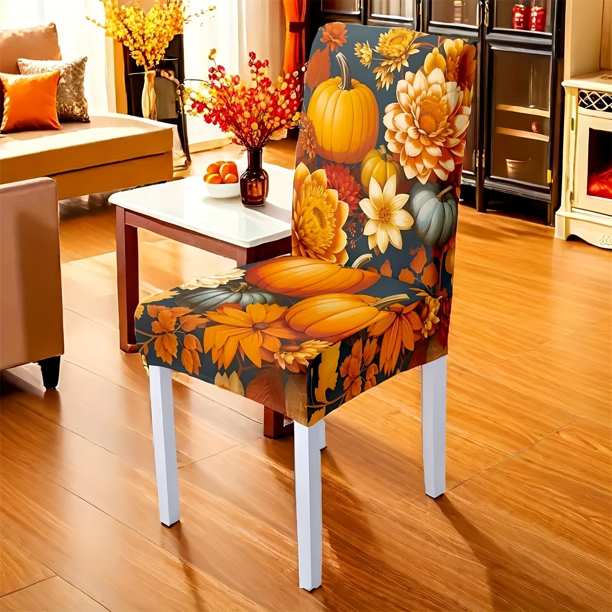 

4/6pcs Pumpkin Floral Dining Chair Covers - Washable & Stretchy Spandex/polyester For Thanksgiving & Fall Decor