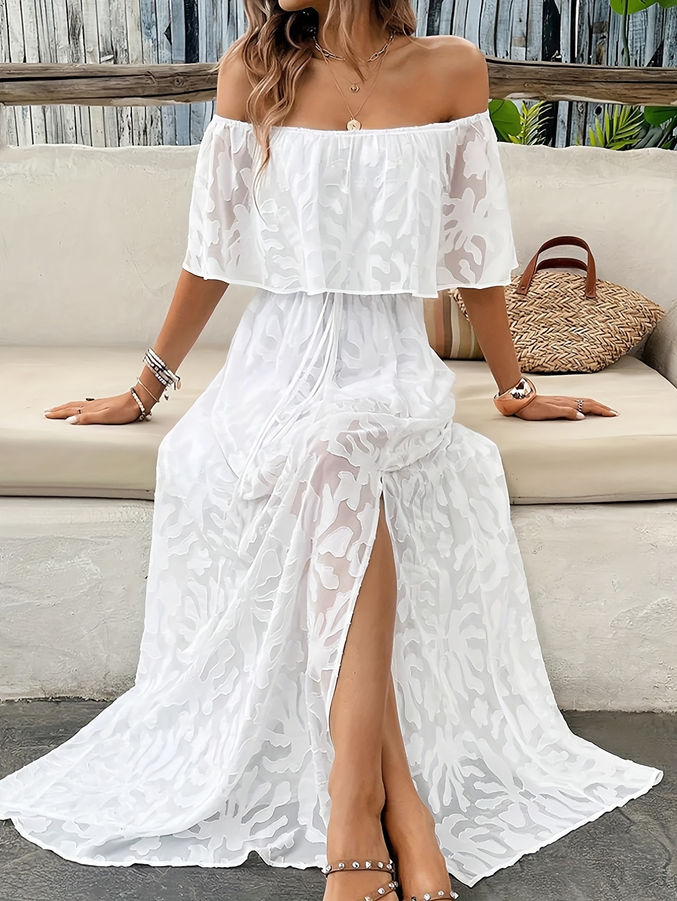 elegant white shoulder midi dress women chic tiered ruffle Temu