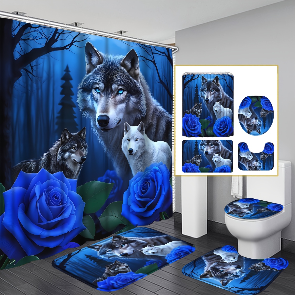 TEMU 4pcs And Wolf Shower Curtain Set With Non-slip Rugs, Toilet Mat, Toilet Seat Cover, Bathroom Set Full Set With 12 Hooks, Animal Wolf & Blue Rose