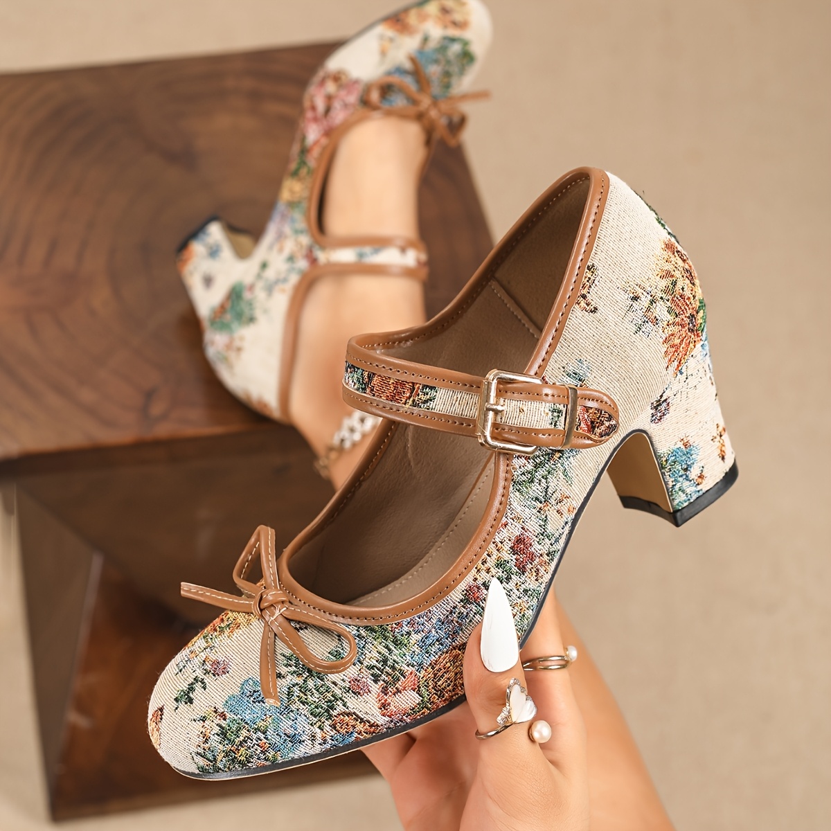 Image of Brown Floral Pumps For Women, Trending 2026 Summer New Comfortable Round Toe Block Heel Suspender Dress Shoes For Office, Tea Party, Wedding Guest, Vintage Outfit, Women Shoes