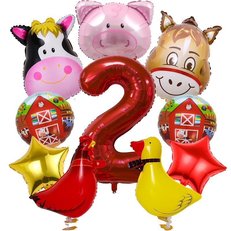 Image of Farm Birthday Party Red Number Cow Pig Pony Rooster Duck Animal Foil Balloons