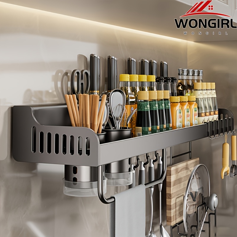 

Wongirl Wall Mounted Carbon Steel Spice Rack With Knife Holder, Chopsticks Towel Rail, Utensil Hooks - Space Saving Kitchen Organizer, Uncharged Shelf