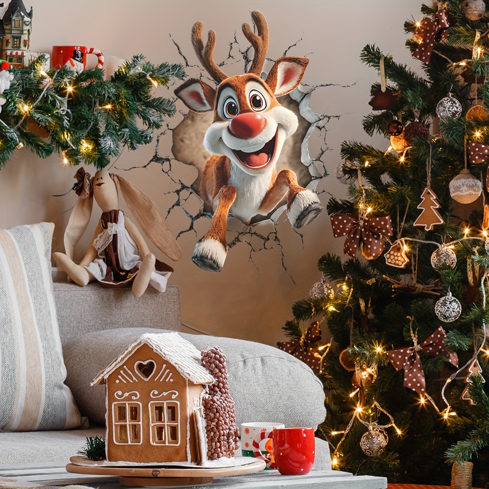 Image of 2d Flat Christmas Reindeer Wall Stickers That To The Wall, Waterproof And Easy To Apply, Suitable For Decorating Doors In Bedrooms, Bathrooms, And Living Rooms. Size: 35*39cm / 13.8*15.3 Inches