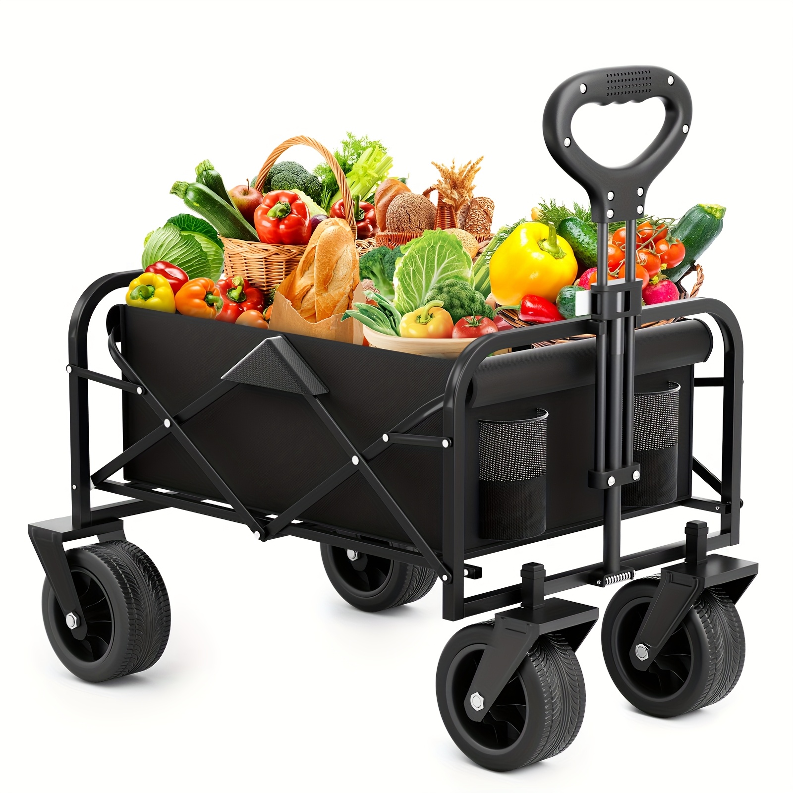 

680lbs-220lbs Collapsible Foldable Wagon Cart, Heavy Duty Utility Outdoor Cart With Wheels For Barbecue, Beach, Lawn, Sports, Camping, Black