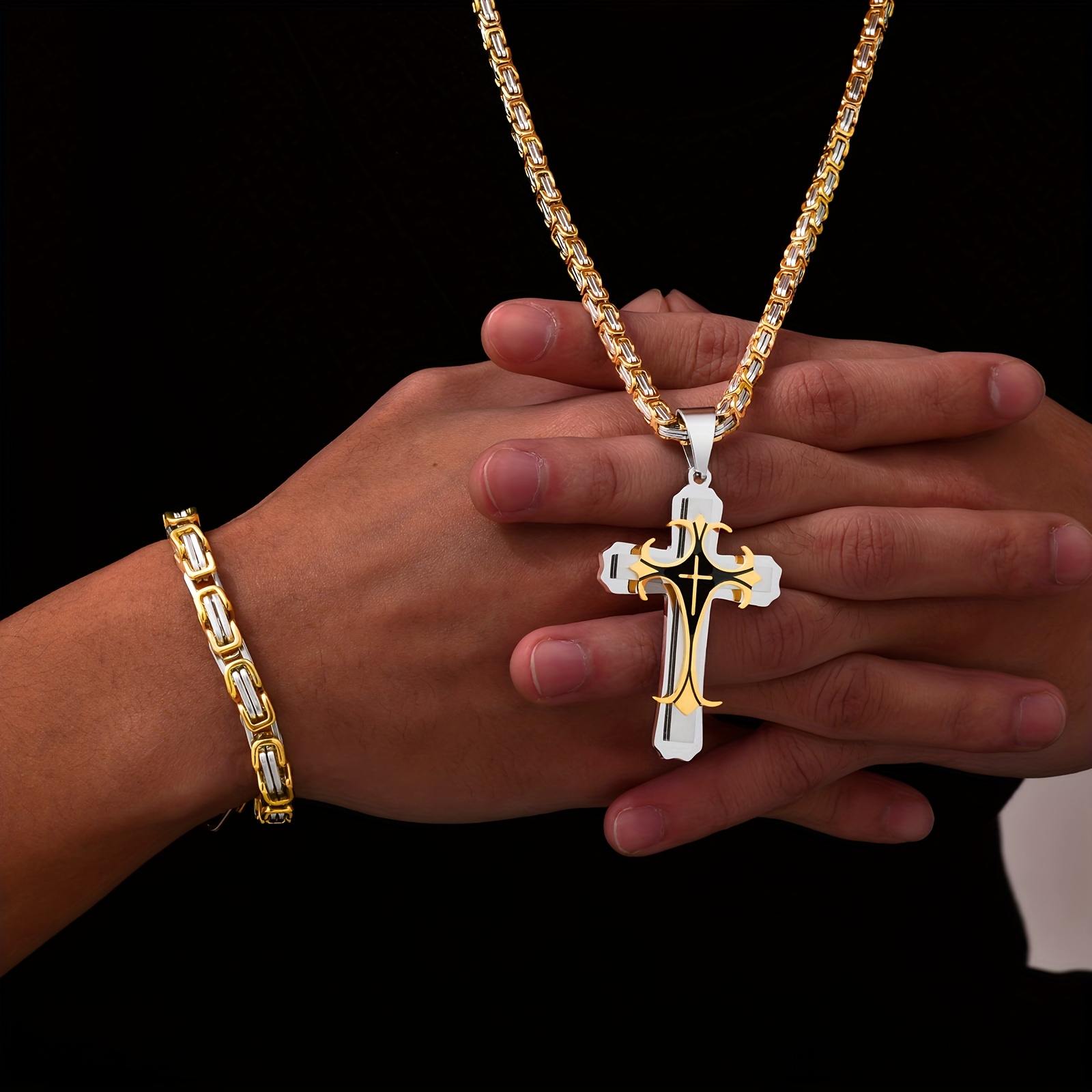 juego de 2 piezas: pulsera y collar para hombre, colgante cruz   capa en acero inoxidable 316l, joyería   de moda Detalles del producto 0