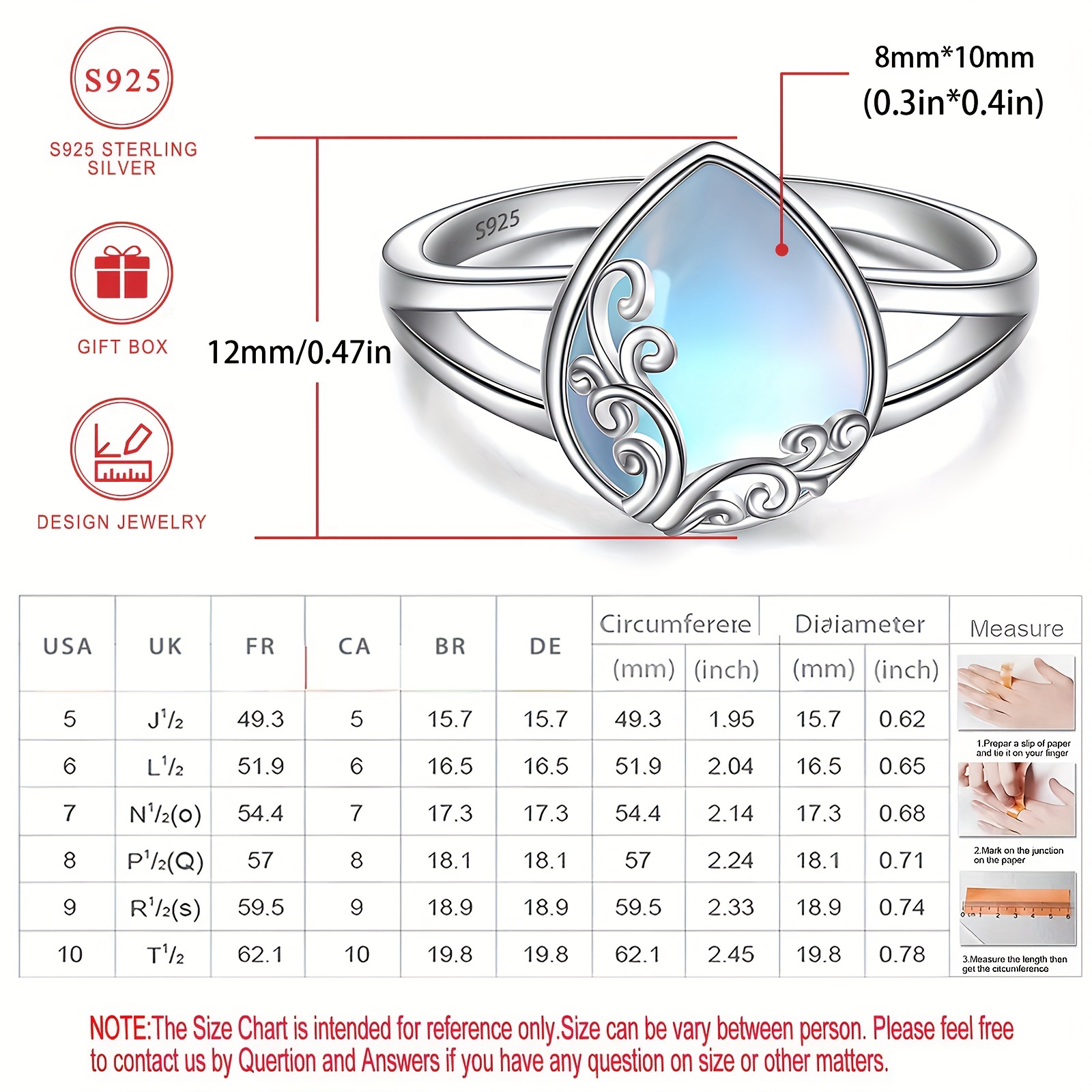 S925 Silver Rainbow Moonstone Teardrop Ring