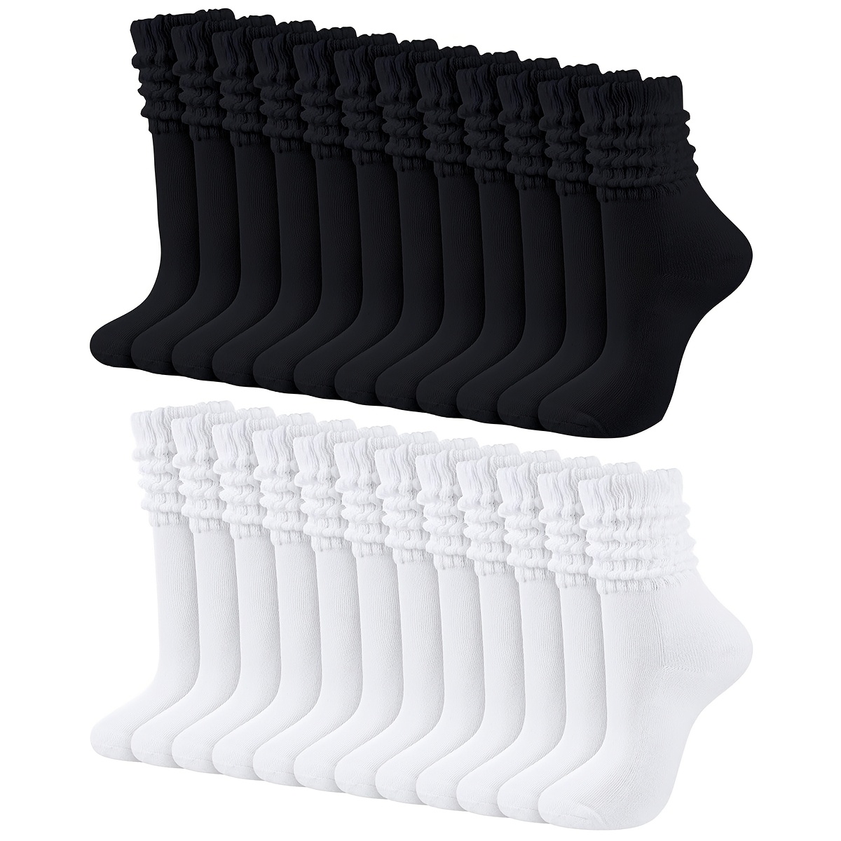 TEMU 12 Pairs Of Solid Color High-end Black And White Pile Socks, Fashionable And Versatile Mid-tube Socks Suitable For