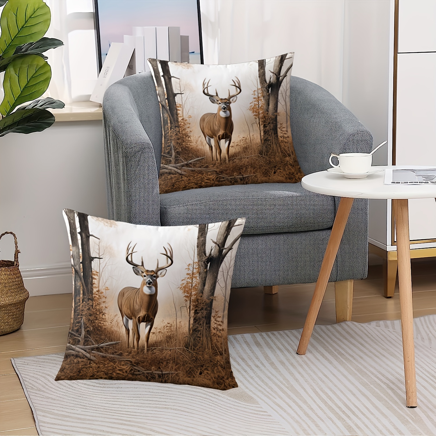 TEMU 2pcs Brown Deer Pattern Throw Pillow Cover - Soft, Zipper Closure Care - For Living Room And Bedroom Decor