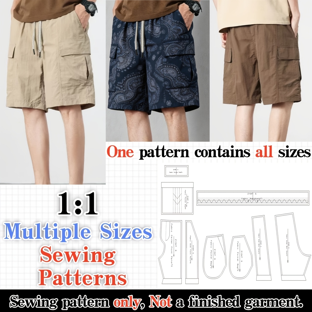 TEMU Motif de couture : Short Bermuda cargo Techwear unisexe. multi-tailles pour tous les âges, gabarit en papier à l'échelle 1:1 pour la découpe,