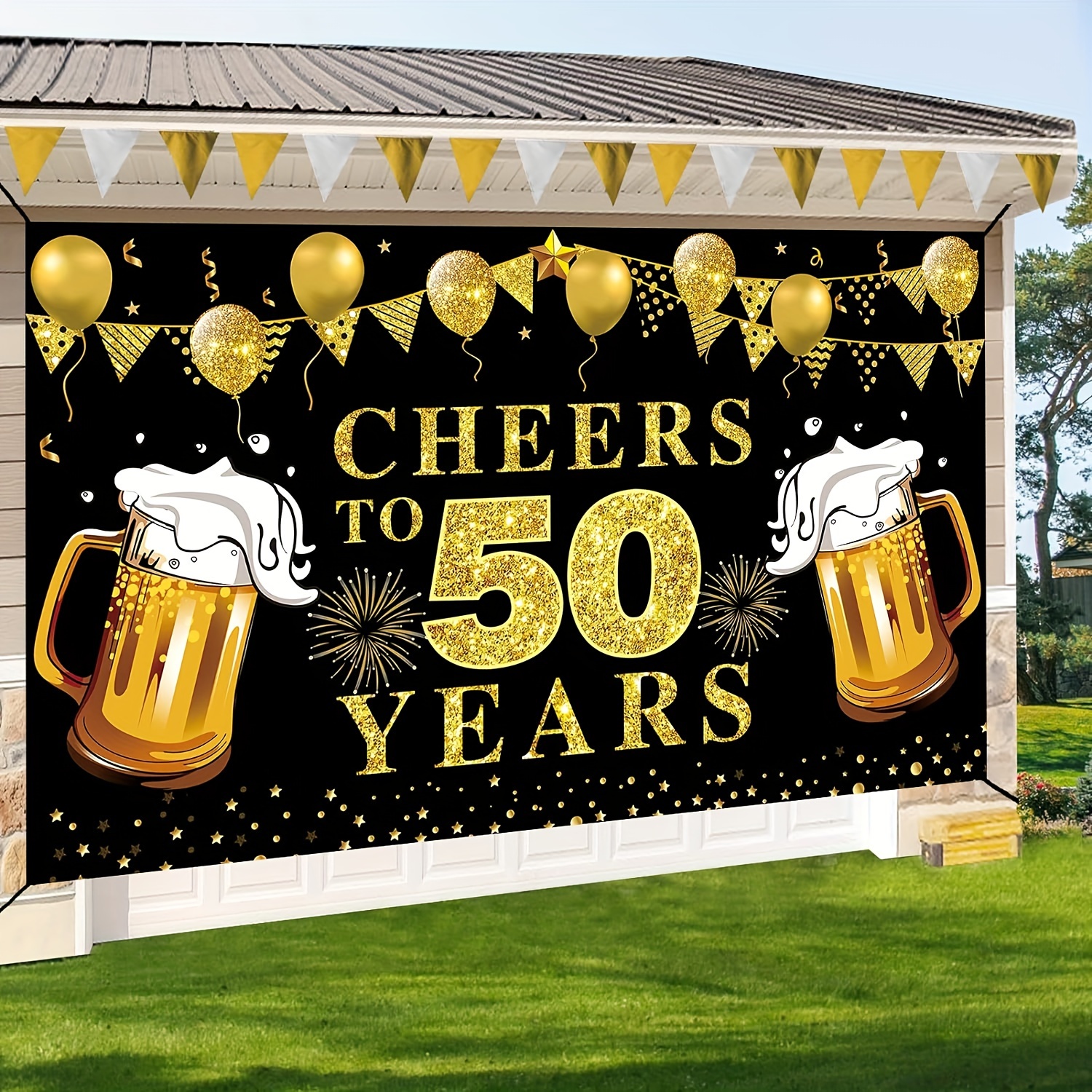 Happy 50th Birthday Banner - Black and Golden Polyester Party Decoration with Photo Booth Sign, Suitable for Anniversary Celebrations JG