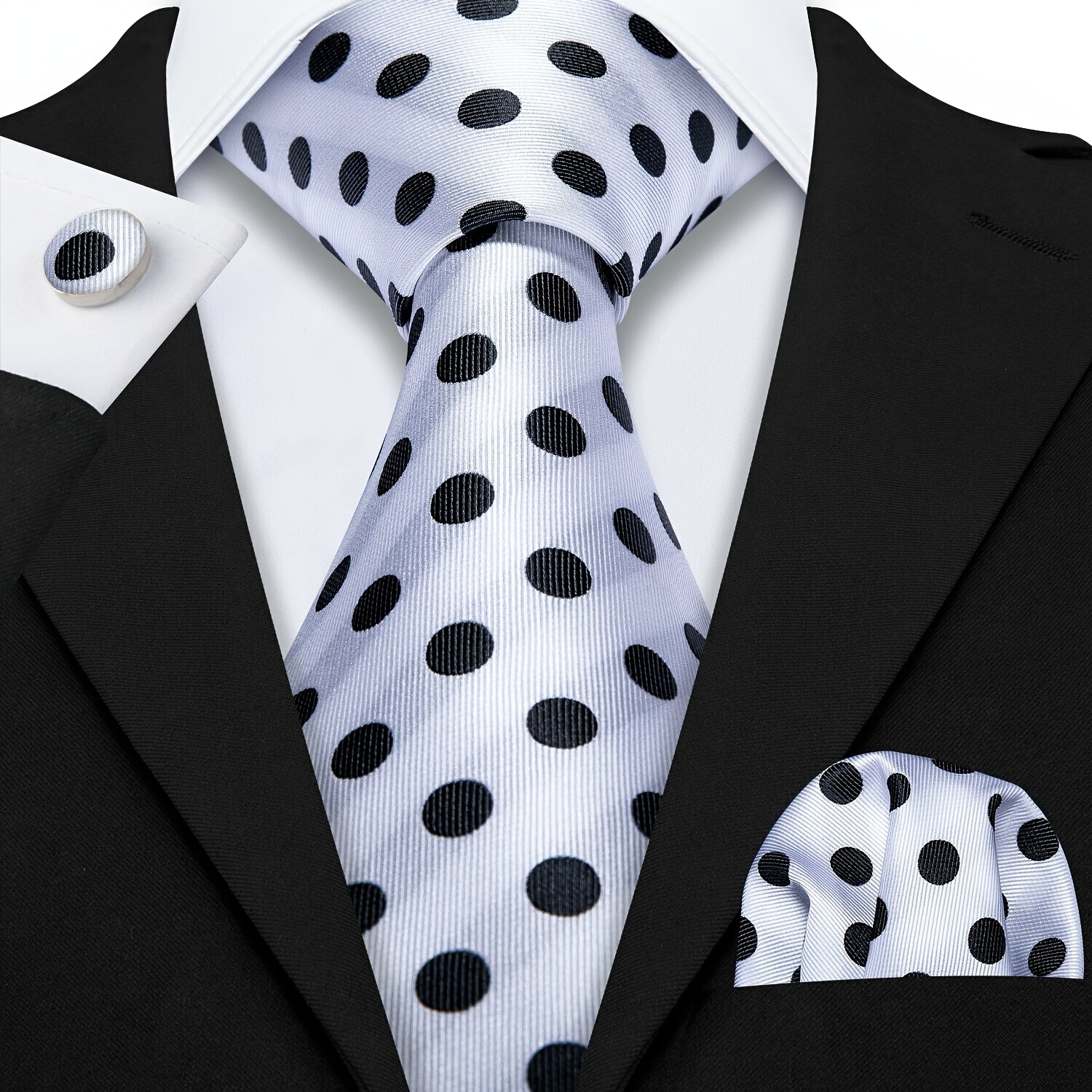 TEMU 1set Formal Men's Whit Tie Black Polka Dots Necktie Set Hanky Cufflinks Business Formal
