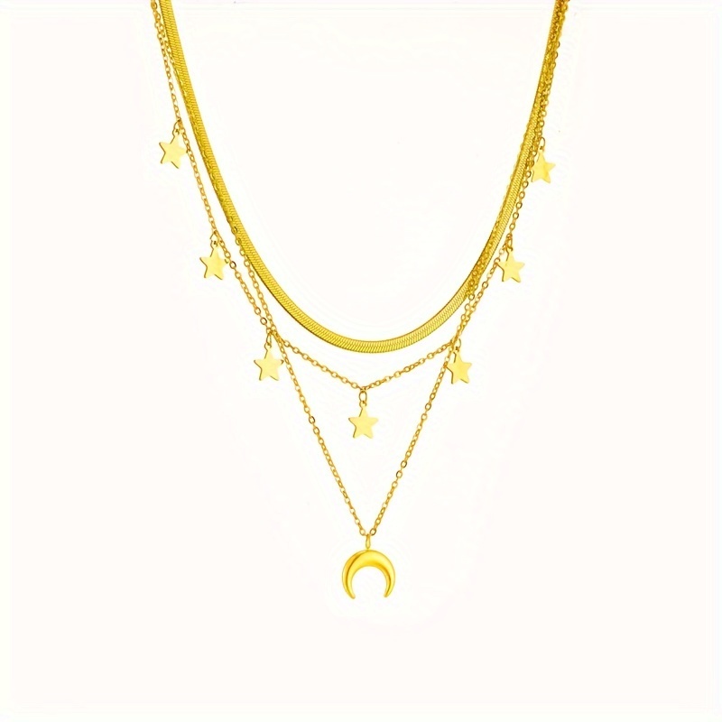 TEMU 1 Pc Triple-layer Golden Stainless Steel Necklace With Moon And Stars Pendants, Elegant And Stylish, Minimalist Retro Design, Versatile For Daily Wear, Street Fashion, Vacation, And Parties