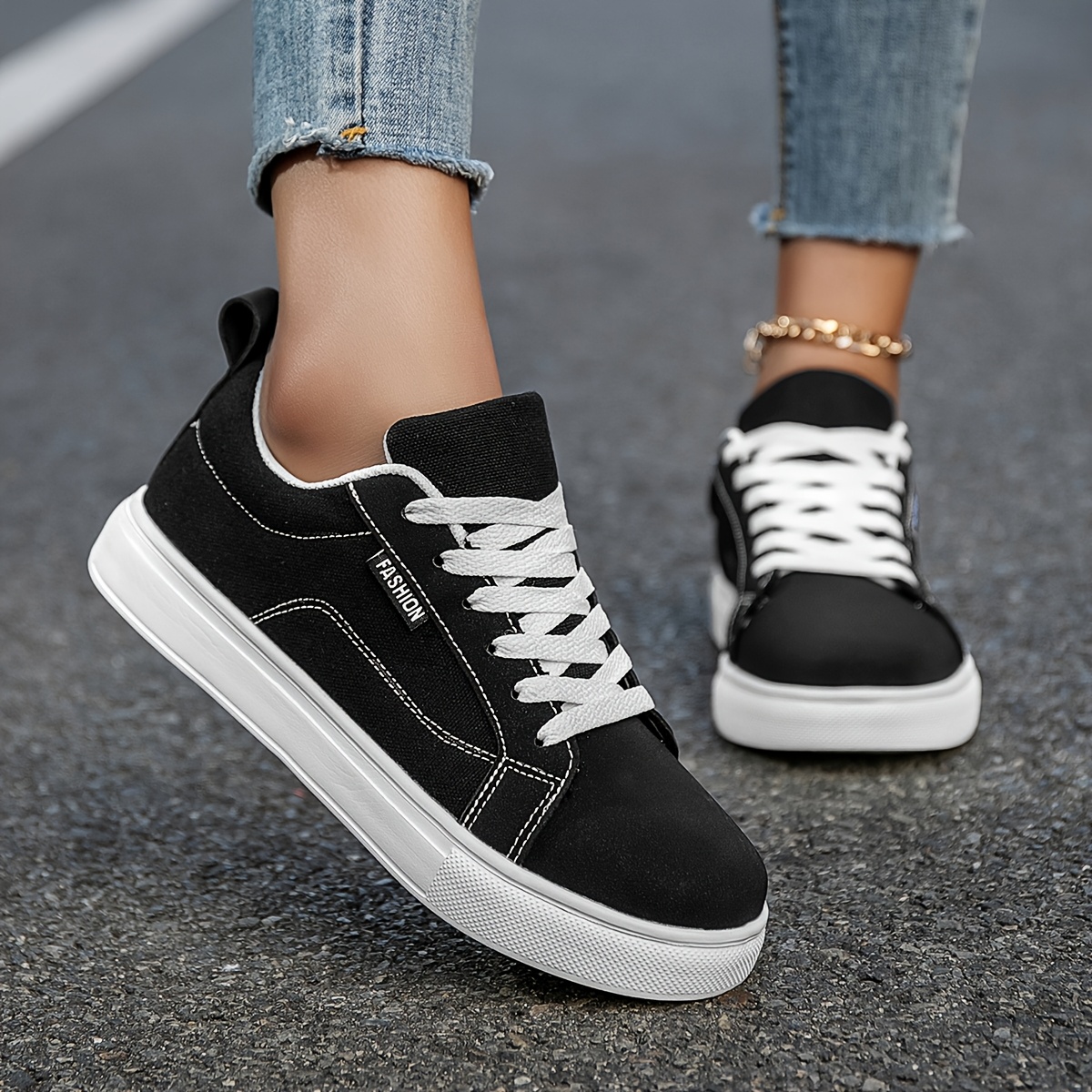 womens black high top sneakers white laces stylish casual Temu