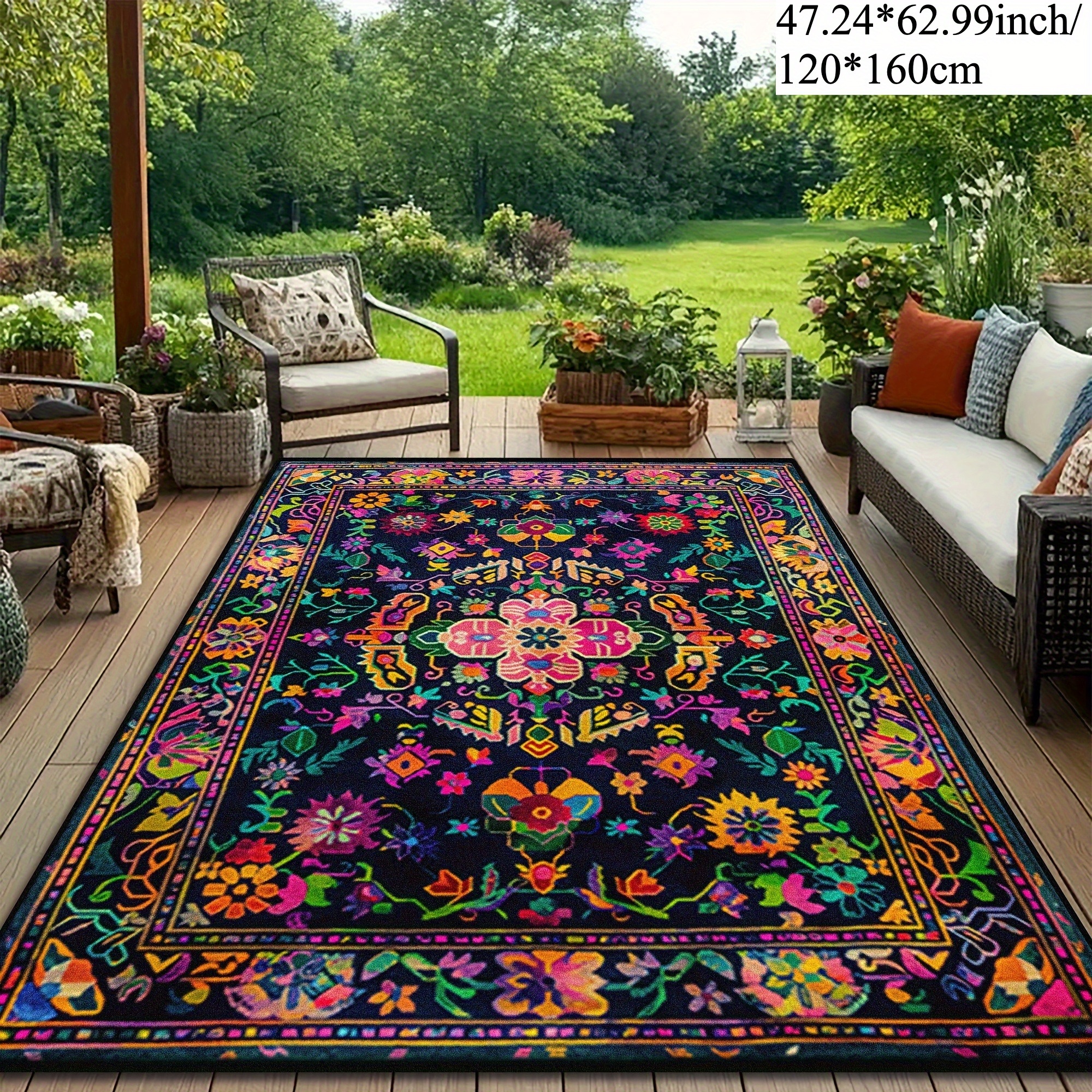 TEMU 1pc Machine-washable Outdoor Mat - Vibrant Floral Pattern Polyester Patio Mat For Deck, Porch, Camping & Holiday Decor (halloween, Christmas,