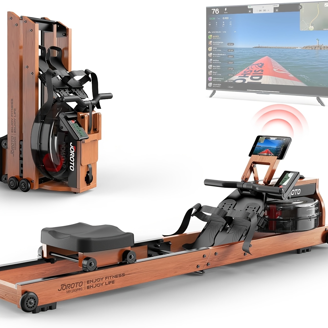 Image of Joroto Foldable Water Rowing Machine Suitable For Home Use With Water System, Monitor & Tablet Holder, Adjustable Tablet Stand, 30-day Free Membership, Oak Wood Frame For Full- Training, Gym Equipment